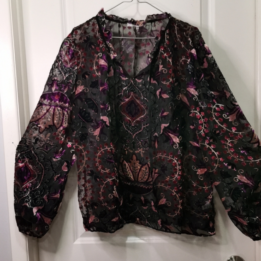Chic Violet and Claire Shear Black With Purple‎ Floral Velvet burnout Blouse